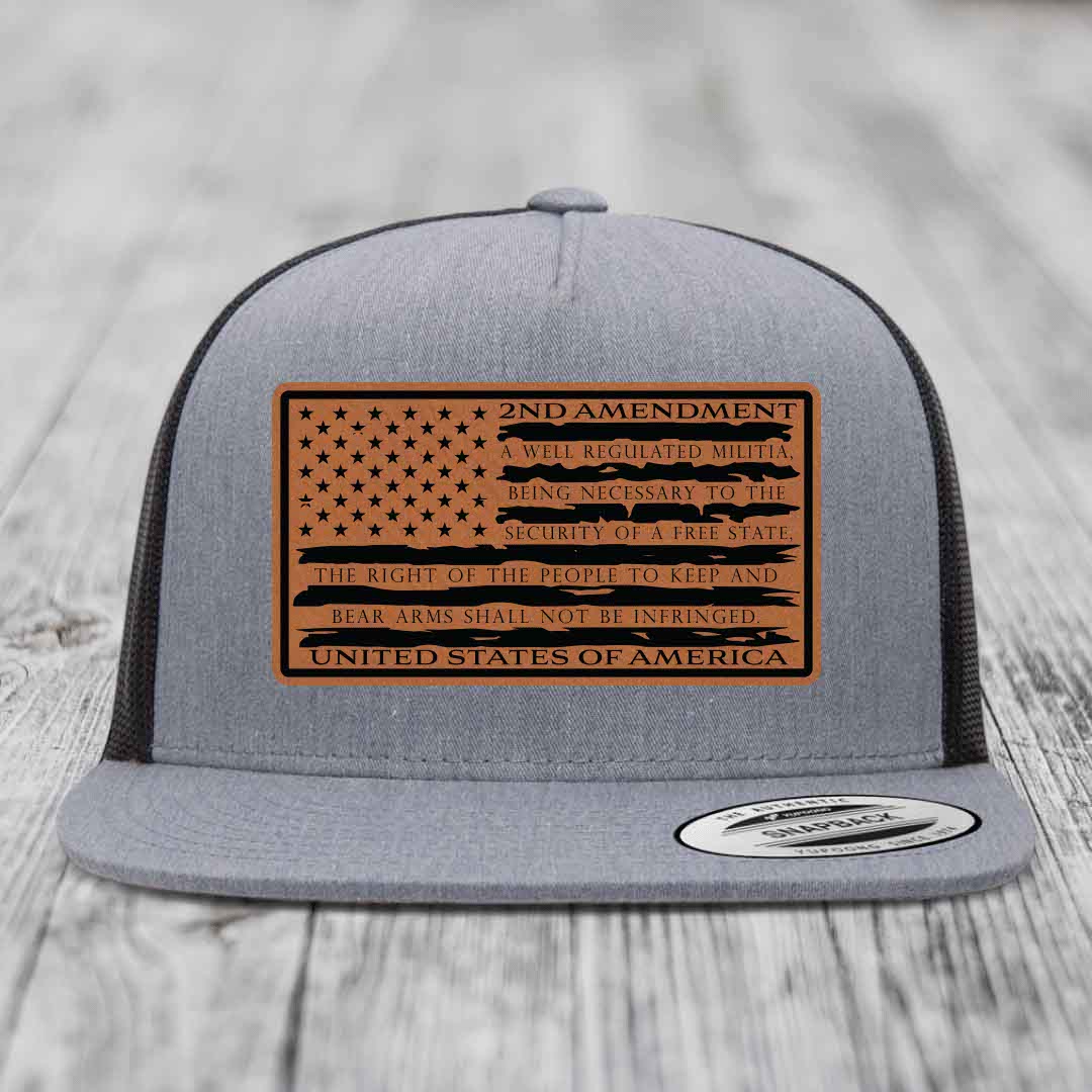 American Flag 2nd Amendment - Leather Patch Hat - Rawhide to Black Patch - Yupoong 6006 Snapback Flatbill Hat