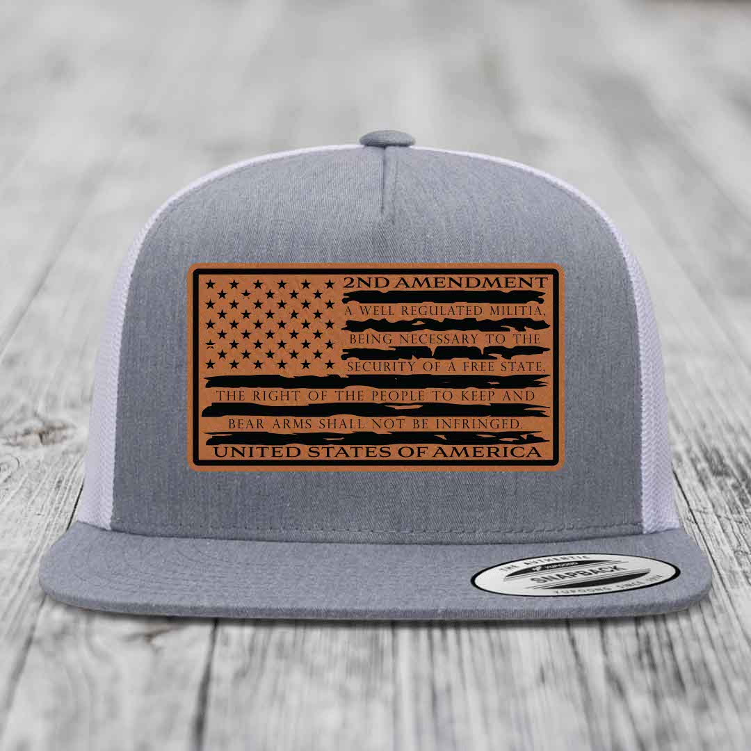 American Flag 2nd Amendment - Leather Patch Hat - Rawhide to Black Patch - Yupoong 6006 Snapback Flatbill Hat