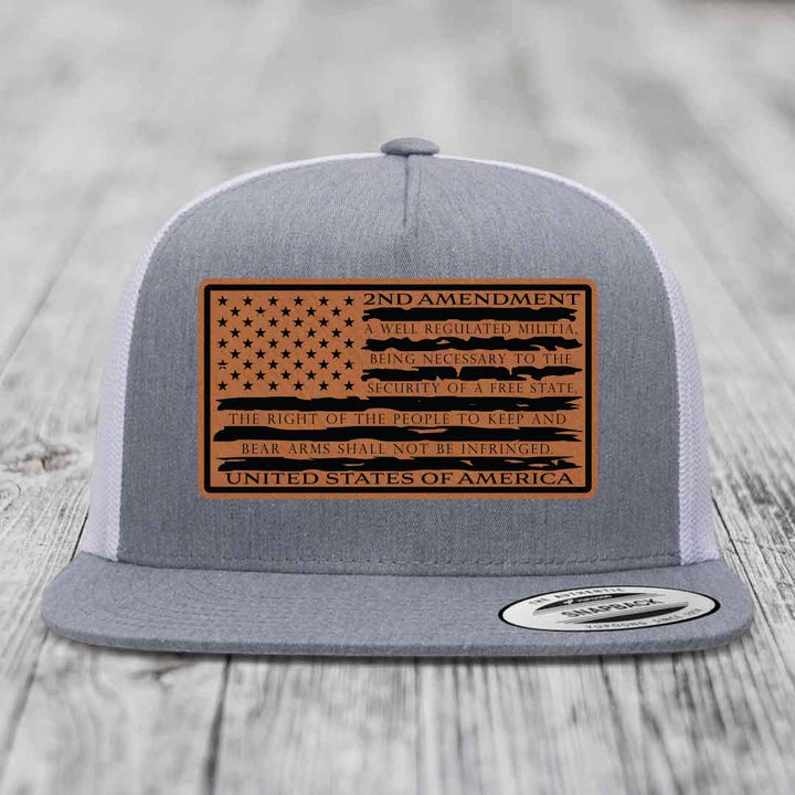 American Flag 2nd Amendment - Leather Patch Hat - Rawhide to Black Patch - Yupoong 6006 Snapback Flatbill Hat