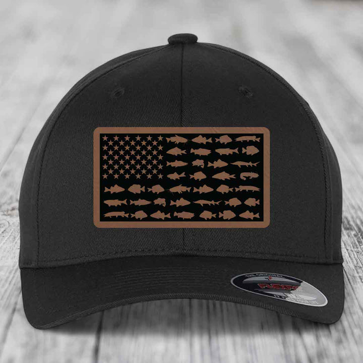 American Flag Freshwater Fish - Leather Patch Hat - Dark Brown to Black Patch - Flexfit 6277 Fitted Hat
