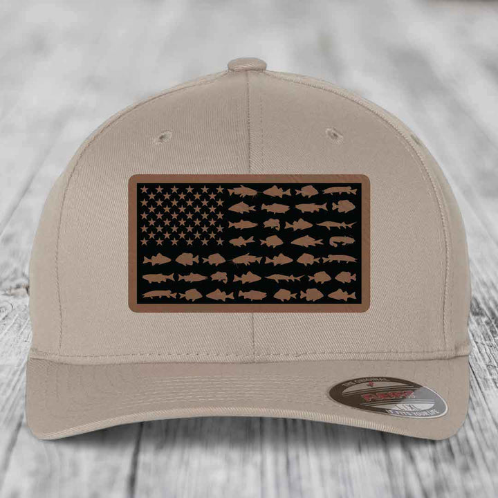 American Flag Freshwater Fish - Leather Patch Hat - Dark Brown to Black Patch - Flexfit 6277 Fitted Hat
