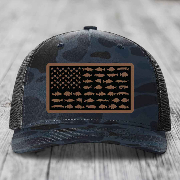 American Flag Freshwater Fish - Leather Patch Hat - Dark Brown to Black Patch - Richardson 112PFP Snapback Trucker Hat