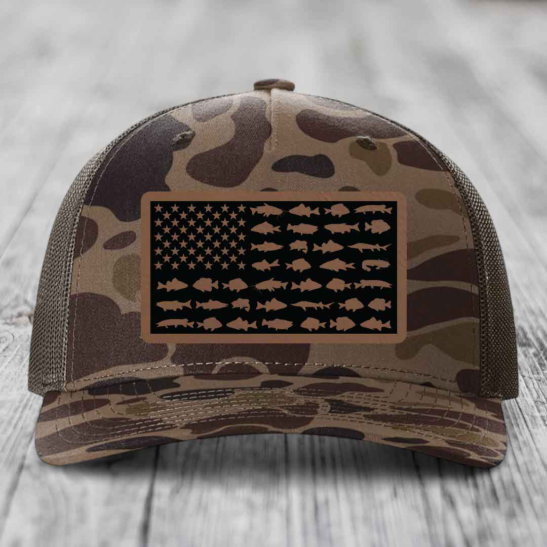 American Flag Freshwater Fish - Leather Patch Hat - Dark Brown to Black Patch - Richardson 112PFP Snapback Trucker Hat