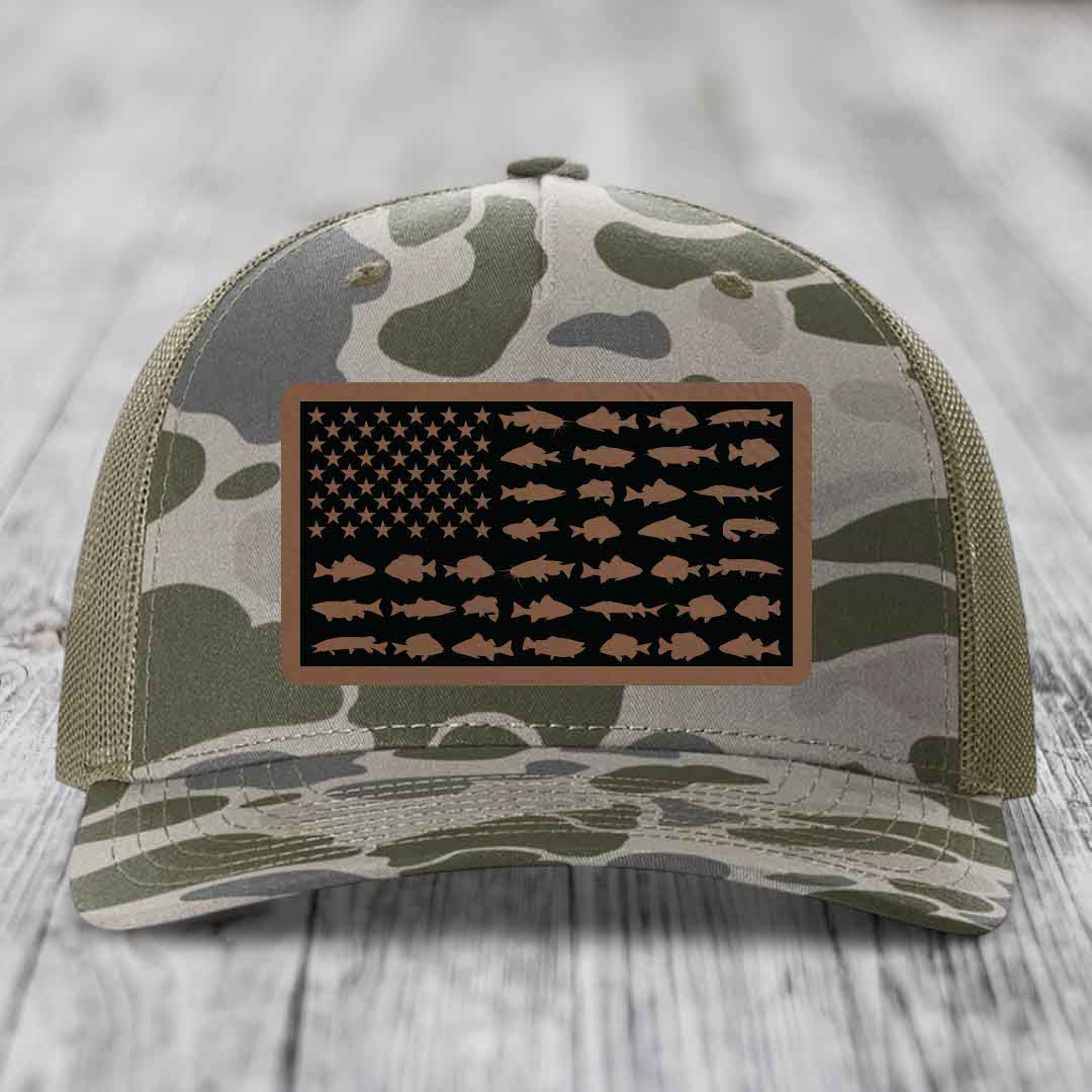 American Flag Freshwater Fish - Leather Patch Hat - Dark Brown to Black Patch - Richardson 112PFP Snapback Trucker Hat