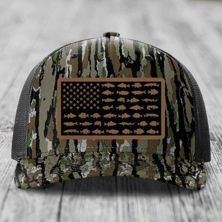 American Flag Freshwater Fish - Leather Patch Hat - Dark Brown to Black Patch - Richardson 112PFP Snapback Trucker Hat
