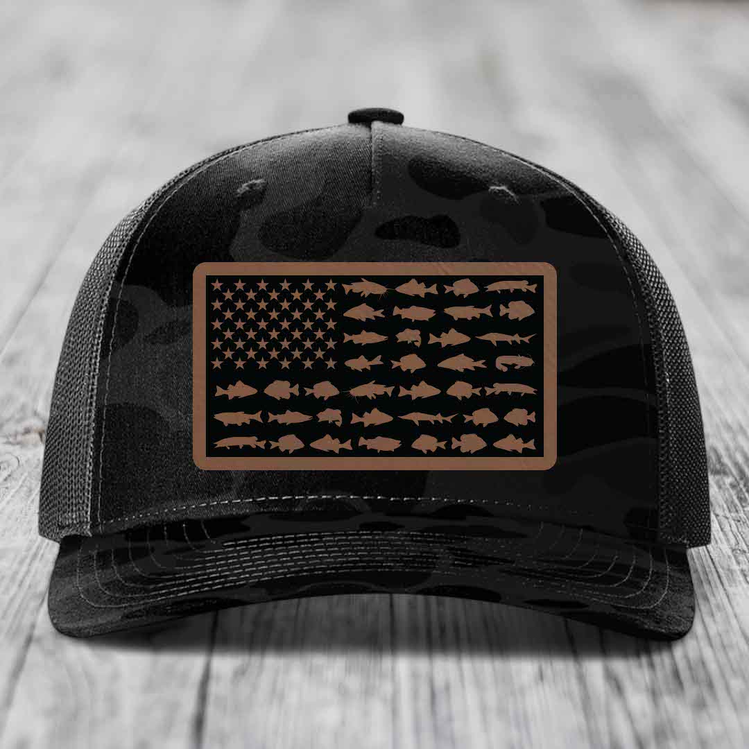 American Flag Freshwater Fish - Leather Patch Hat - Dark Brown to Black Patch - Richardson 112PFP Snapback Trucker Hat