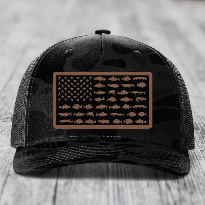 American Flag Freshwater Fish - Leather Patch Hat - Dark Brown to Black Patch - Richardson 112PFP Snapback Trucker Hat