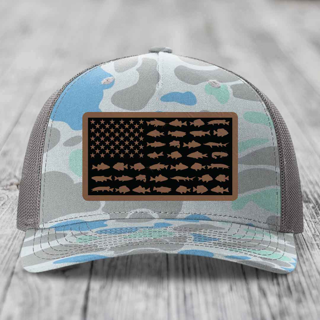 American Flag Freshwater Fish - Leather Patch Hat - Dark Brown to Black Patch - Richardson 112PFP Snapback Trucker Hat