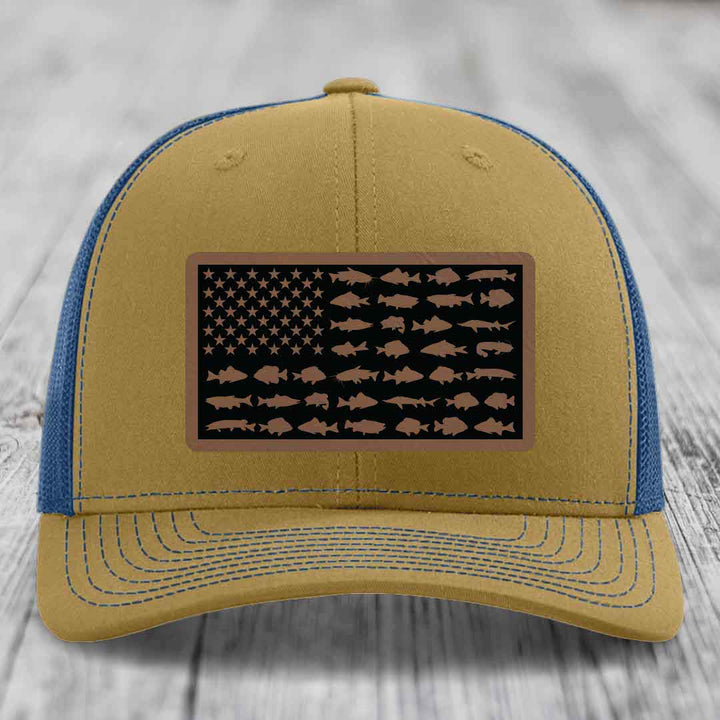 American Flag Freshwater Fish - Leather Patch Hat - Dark Brown to Black Patch - Richardson 112 Snapback Trucker Hat