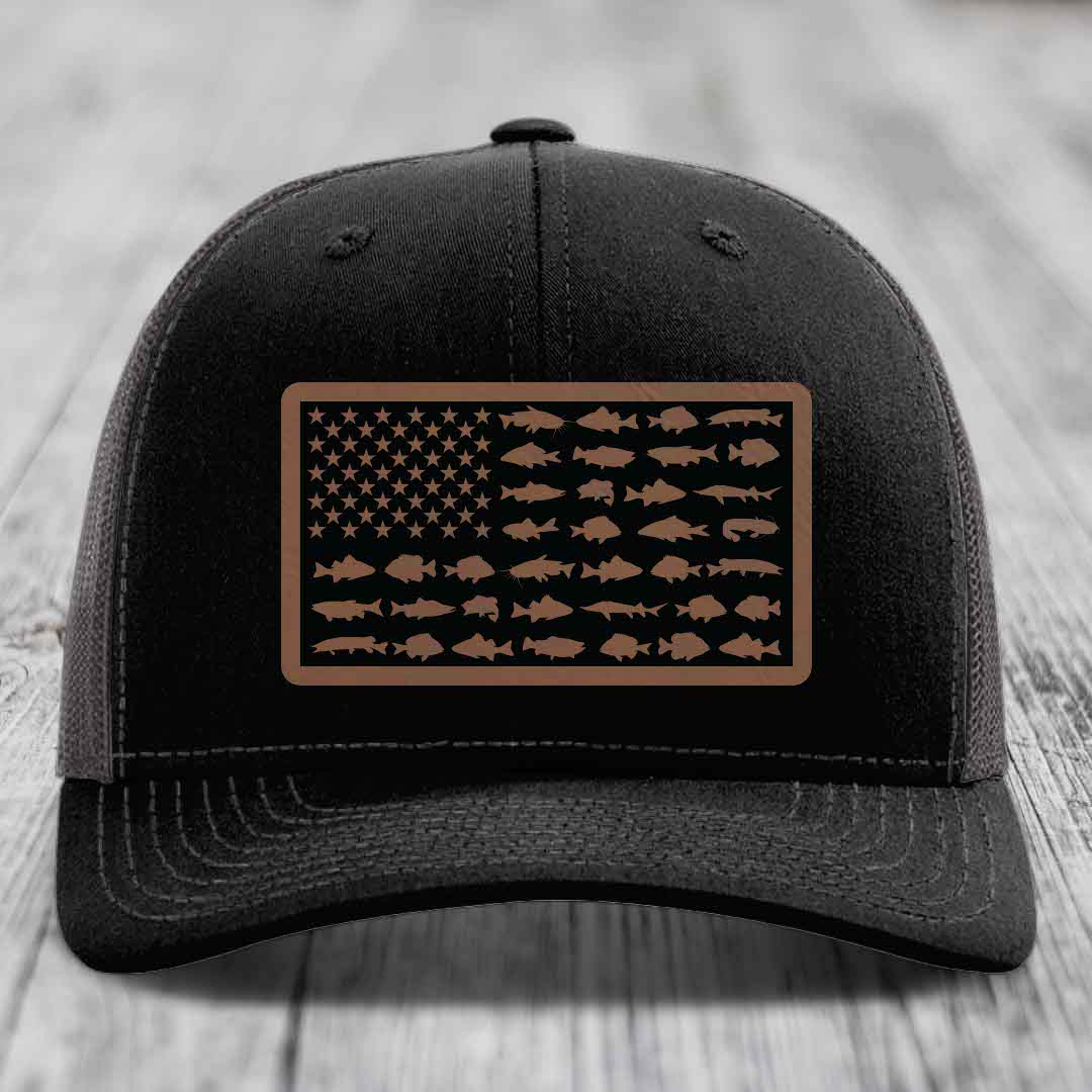 American Flag Freshwater Fish - Leather Patch Hat - Dark Brown to Black Patch - Richardson 112 Snapback Trucker Hat