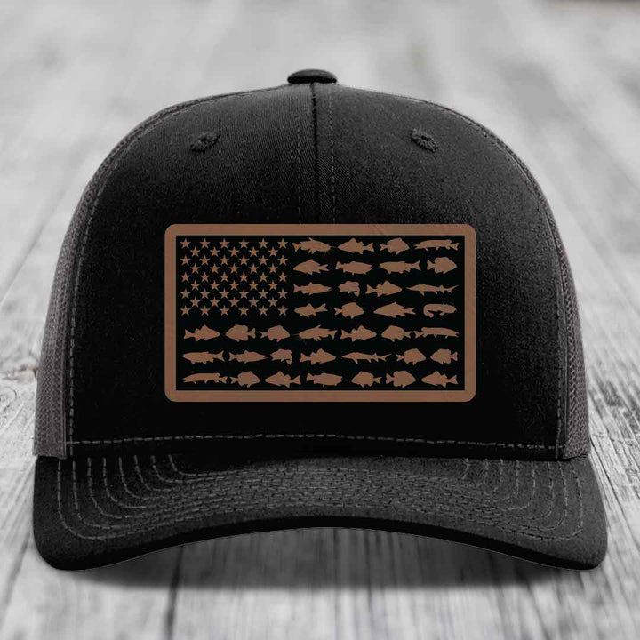 American Flag Freshwater Fish - Leather Patch Hat - Dark Brown to Black Patch - Richardson 112 Snapback Trucker Hat