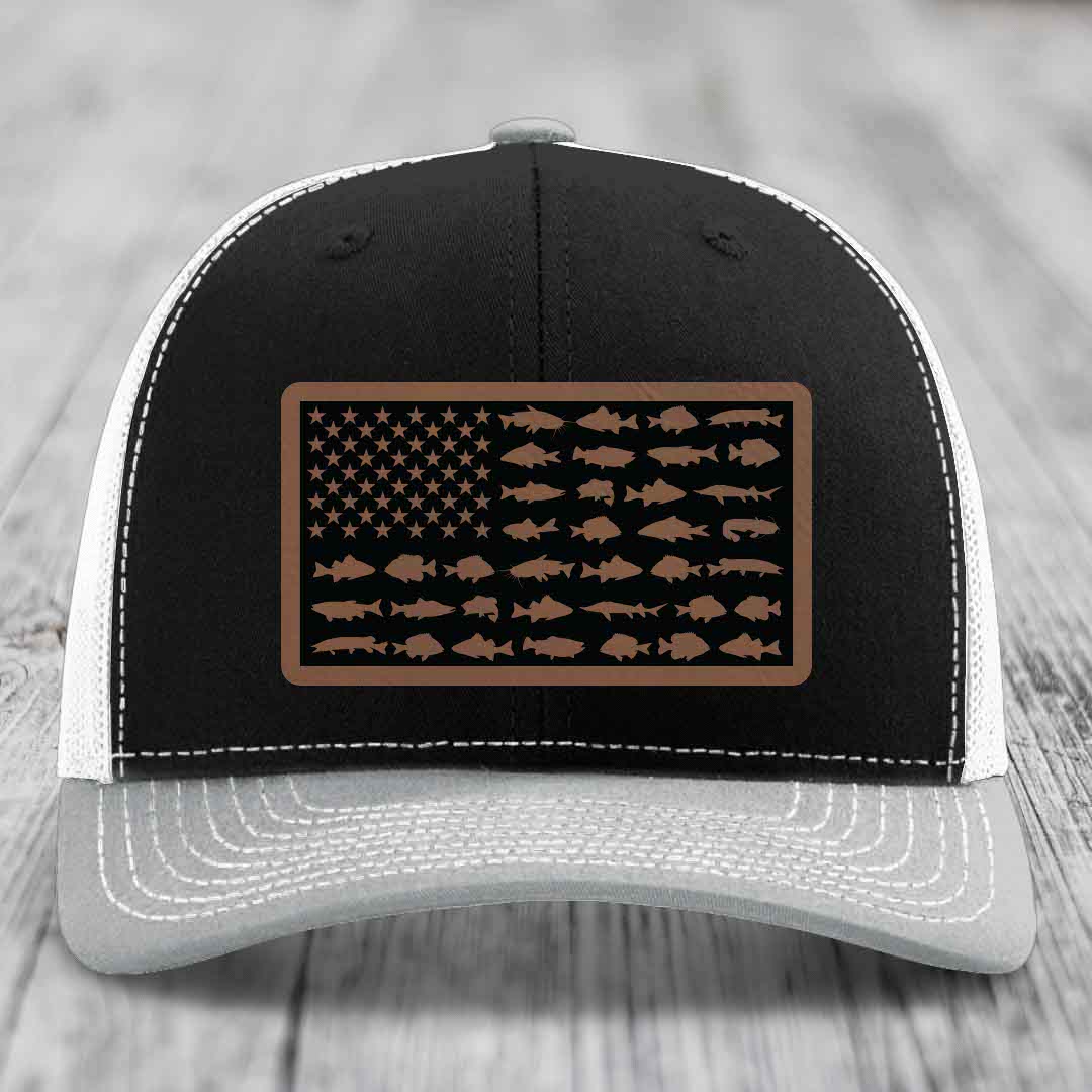 American Flag Freshwater Fish - Leather Patch Hat - Dark Brown to Black Patch - Richardson 112 Snapback Trucker Hat