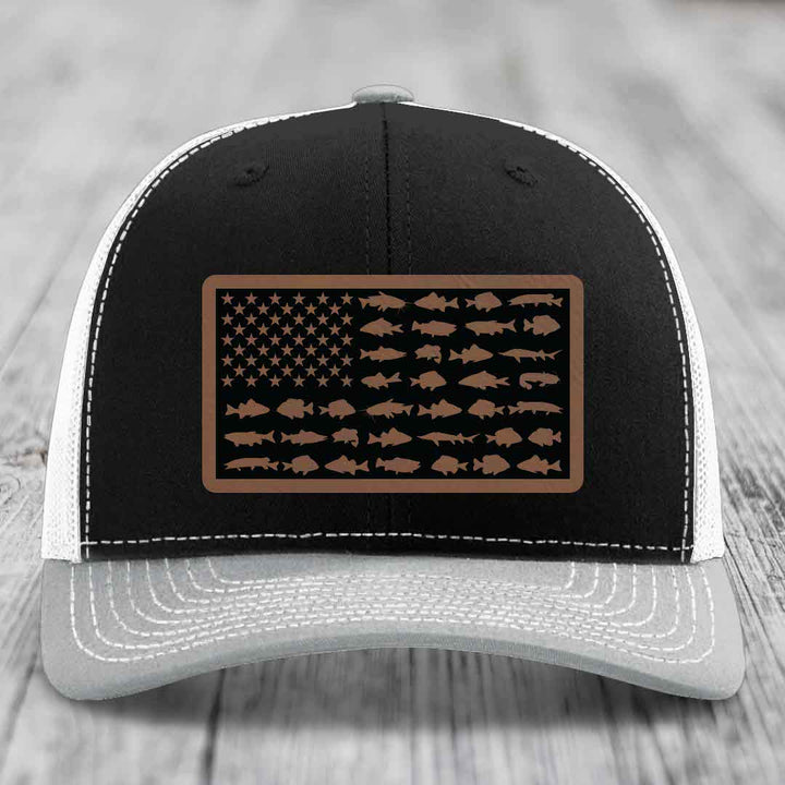 American Flag Freshwater Fish - Leather Patch Hat - Dark Brown to Black Patch - Richardson 112 Snapback Trucker Hat