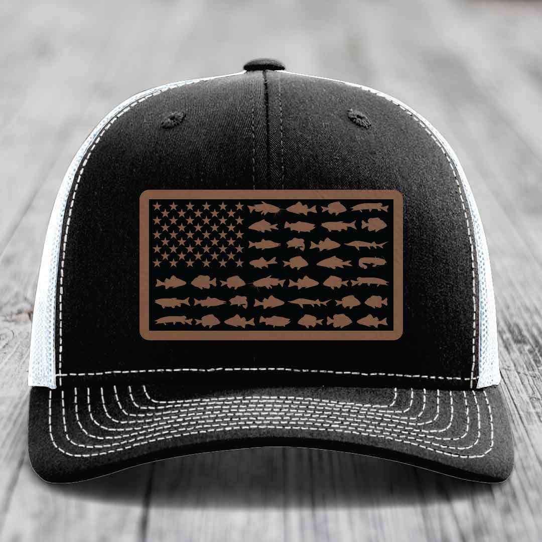 American Flag Freshwater Fish - Leather Patch Hat - Dark Brown to Black Patch - Richardson 112 Snapback Trucker Hat