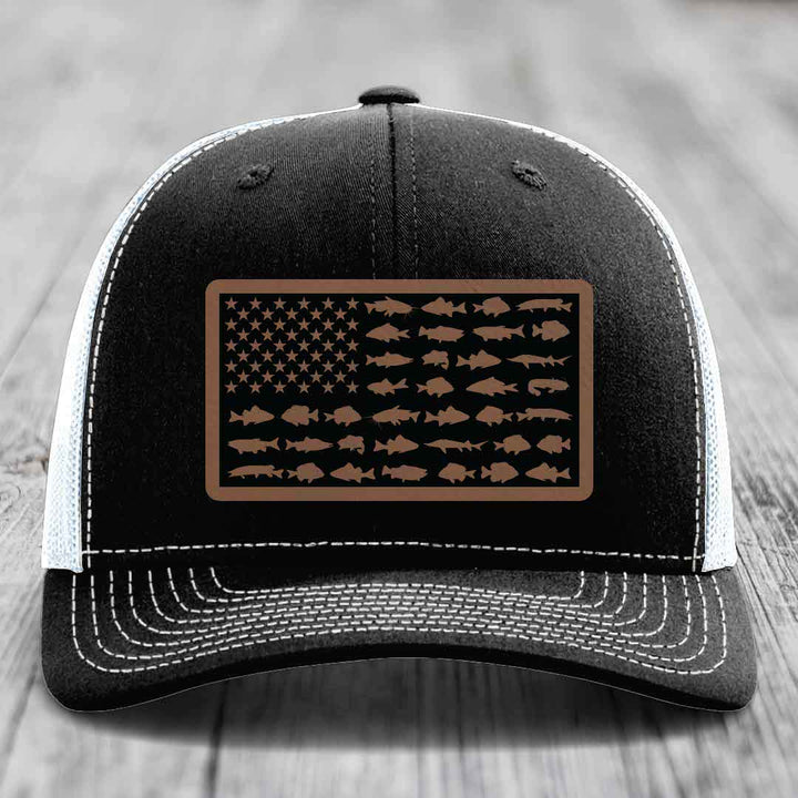 American Flag Freshwater Fish - Leather Patch Hat - Dark Brown to Black Patch - Richardson 112 Snapback Trucker Hat