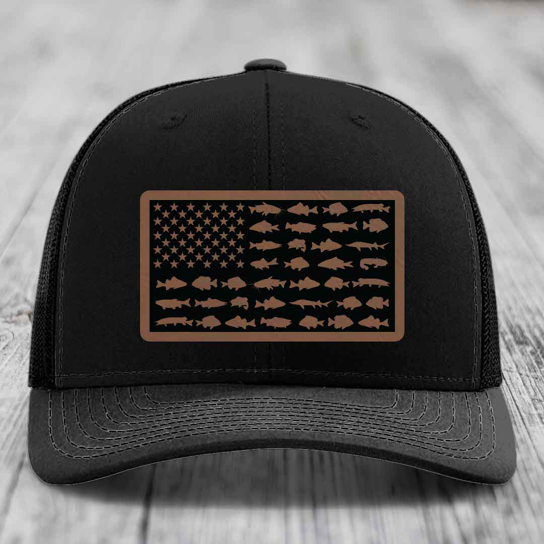 American Flag Freshwater Fish - Leather Patch Hat - Dark Brown to Black Patch - Richardson 112 Snapback Trucker Hat