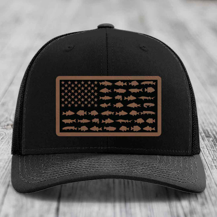 American Flag Freshwater Fish - Leather Patch Hat - Dark Brown to Black Patch - Richardson 112 Snapback Trucker Hat