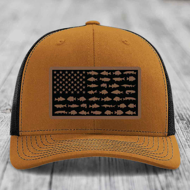 American Flag Freshwater Fish - Leather Patch Hat - Dark Brown to Black Patch - Richardson 112 Snapback Trucker Hat