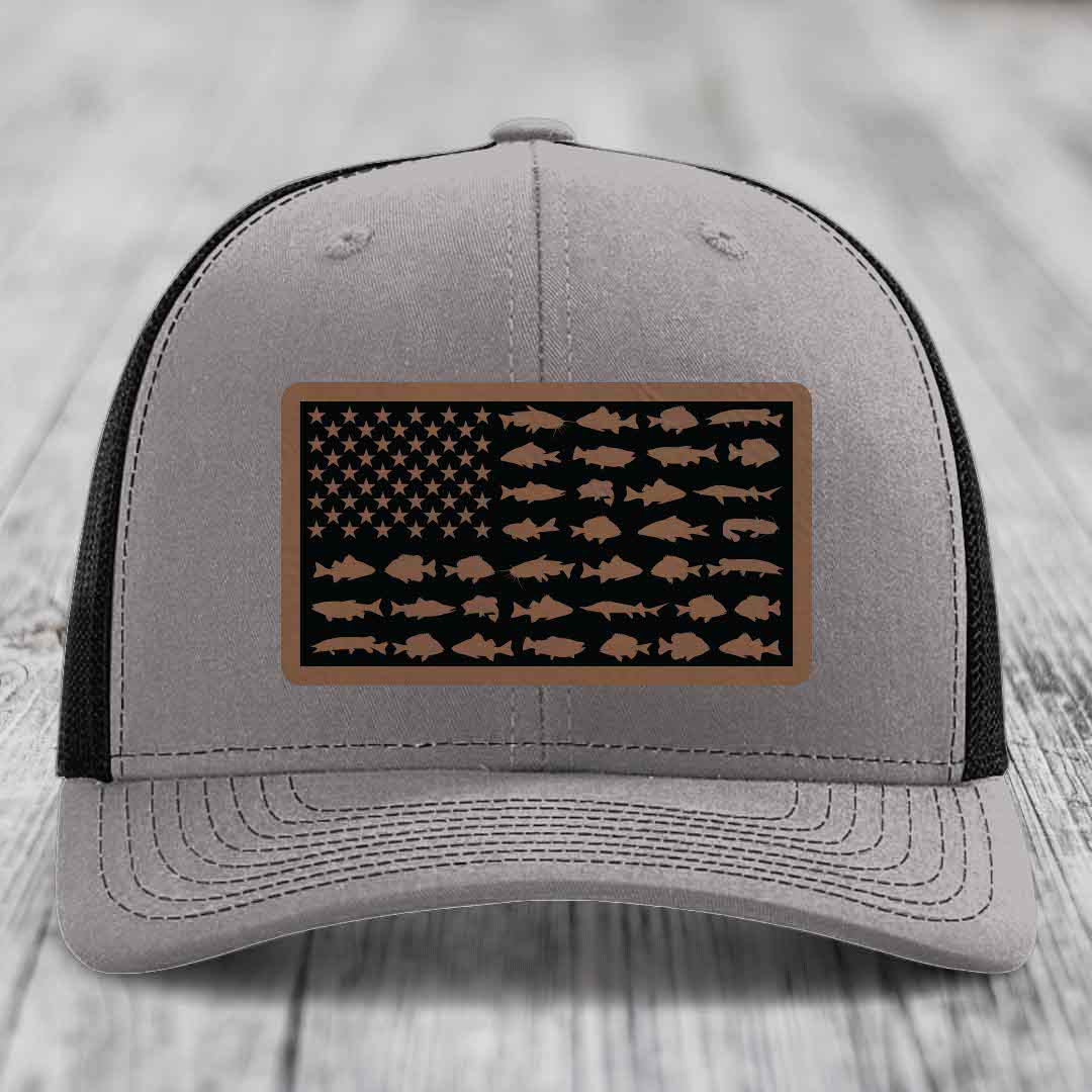 American Flag Freshwater Fish - Leather Patch Hat - Dark Brown to Black Patch - Richardson 112 Snapback Trucker Hat