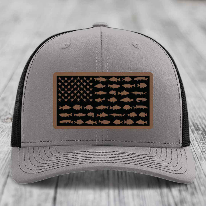 American Flag Freshwater Fish - Leather Patch Hat - Dark Brown to Black Patch - Richardson 112 Snapback Trucker Hat