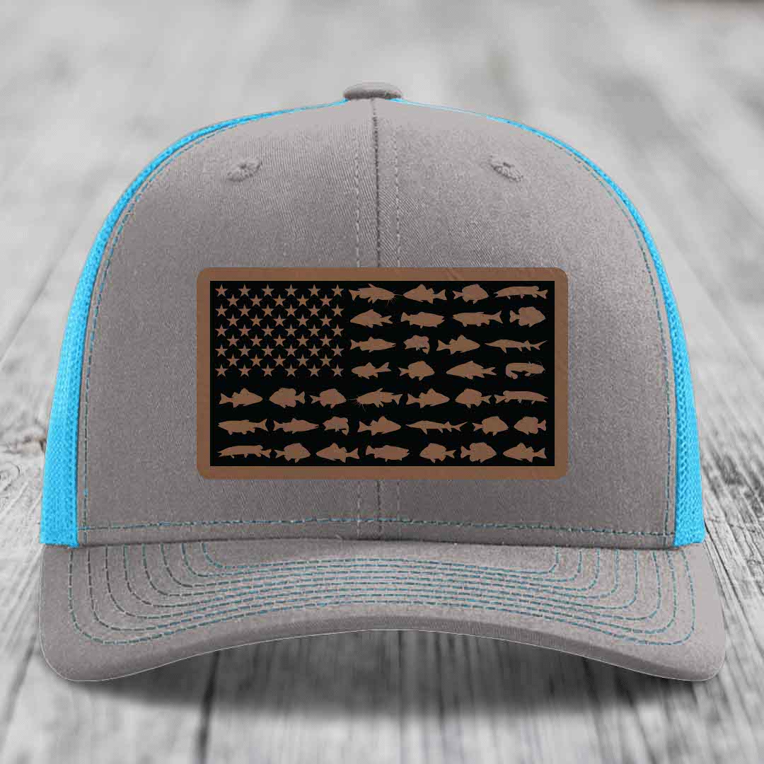 American Flag Freshwater Fish - Leather Patch Hat - Dark Brown to Black Patch - Richardson 112 Snapback Trucker Hat