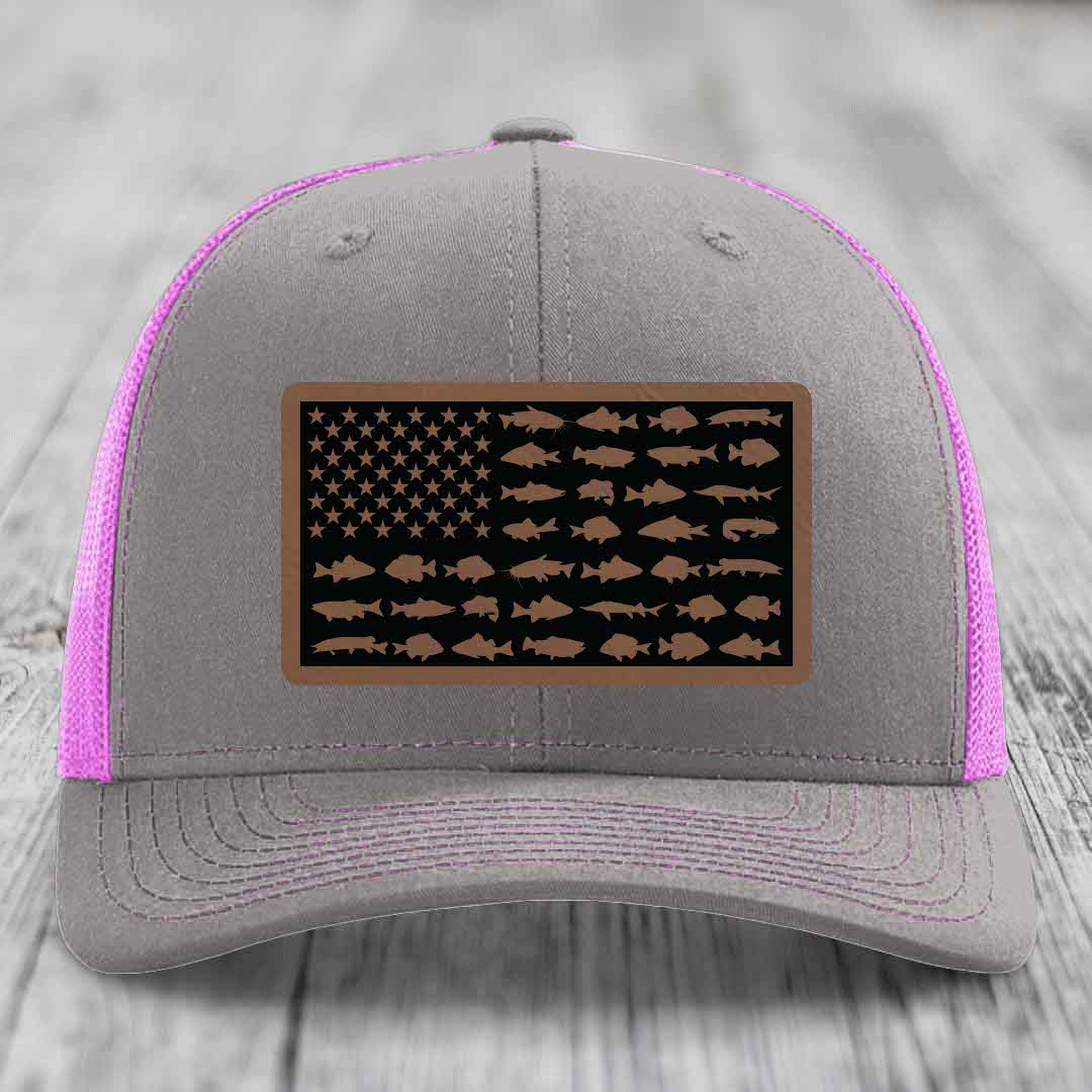 American Flag Freshwater Fish - Leather Patch Hat - Dark Brown to Black Patch - Richardson 112 Snapback Trucker Hat
