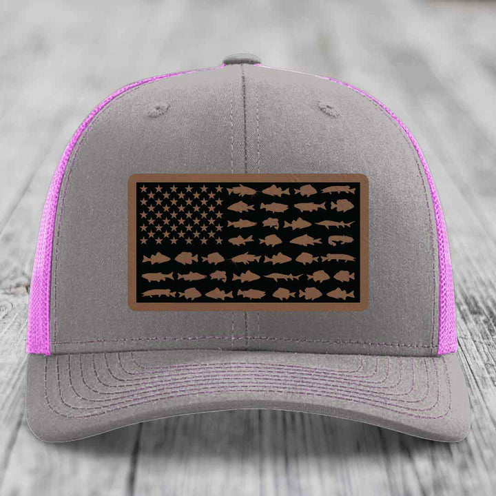American Flag Freshwater Fish - Leather Patch Hat - Dark Brown to Black Patch - Richardson 112 Snapback Trucker Hat