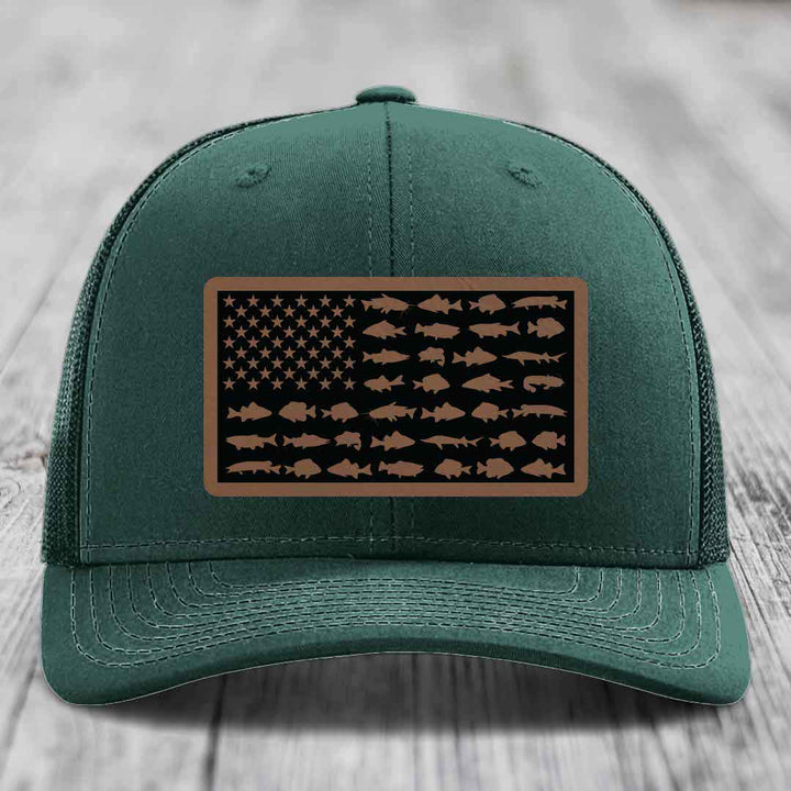 American Flag Freshwater Fish - Leather Patch Hat - Dark Brown to Black Patch - Richardson 112 Snapback Trucker Hat
