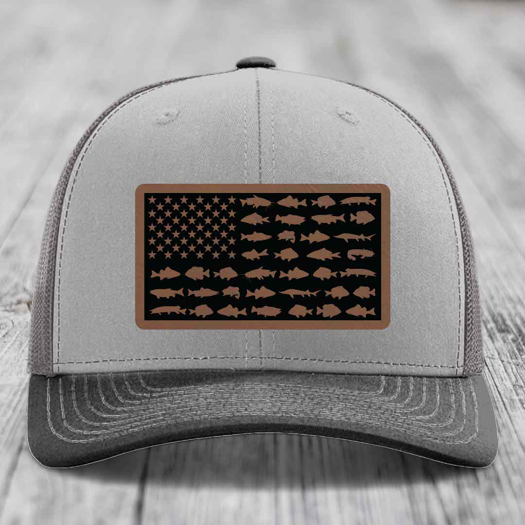 American Flag Freshwater Fish - Leather Patch Hat - Dark Brown to Black Patch - Richardson 112 Snapback Trucker Hat