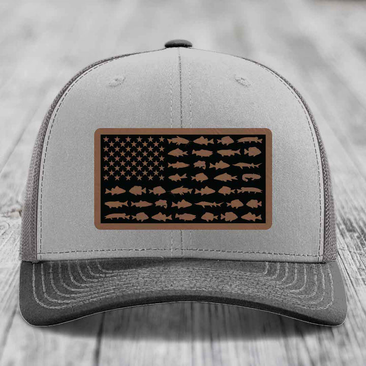American Flag Freshwater Fish - Leather Patch Hat - Dark Brown to Black Patch - Richardson 112 Snapback Trucker Hat