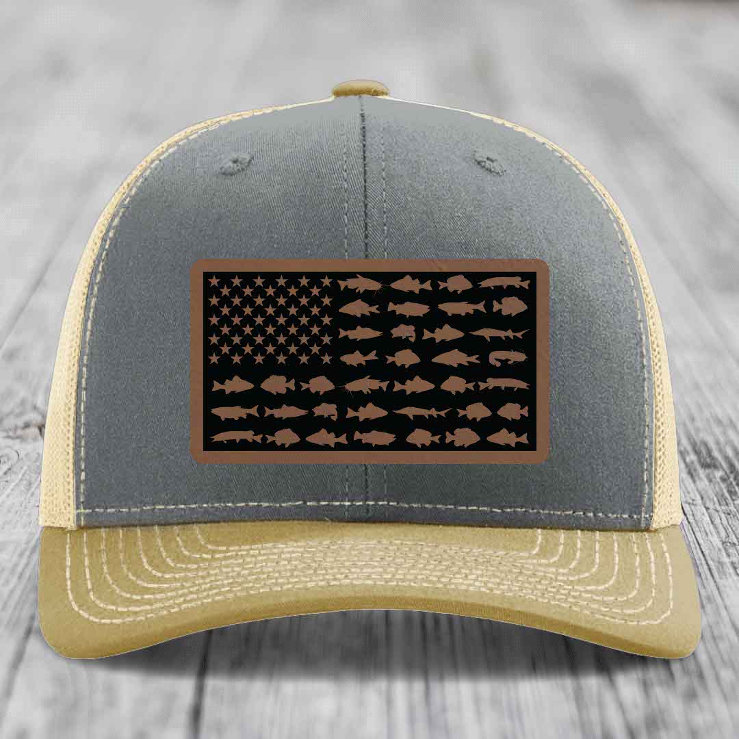 American Flag Freshwater Fish - Leather Patch Hat - Dark Brown to Black Patch - Richardson 112 Snapback Trucker Hat