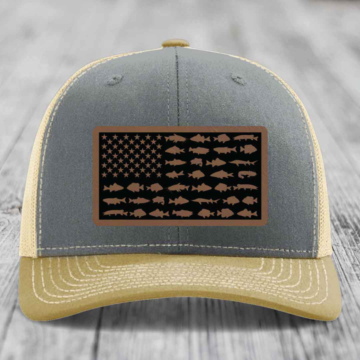 American Flag Freshwater Fish - Leather Patch Hat - Dark Brown to Black Patch - Richardson 112 Snapback Trucker Hat