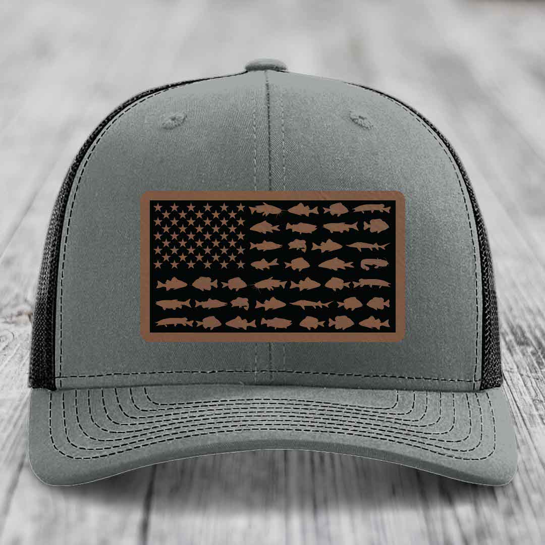 American Flag Freshwater Fish - Leather Patch Hat - Dark Brown to Black Patch - Richardson 112 Snapback Trucker Hat