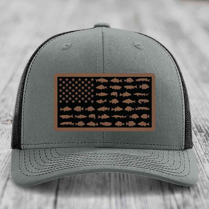 American Flag Freshwater Fish - Leather Patch Hat - Dark Brown to Black Patch - Richardson 112 Snapback Trucker Hat