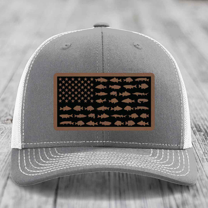 American Flag Freshwater Fish - Leather Patch Hat - Dark Brown to Black Patch - Richardson 112 Snapback Trucker Hat