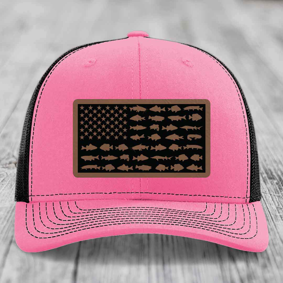 American Flag Freshwater Fish - Leather Patch Hat - Dark Brown to Black Patch - Richardson 112 Snapback Trucker Hat