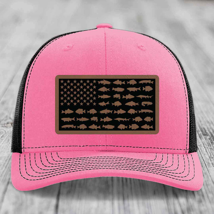 American Flag Freshwater Fish - Leather Patch Hat - Dark Brown to Black Patch - Richardson 112 Snapback Trucker Hat