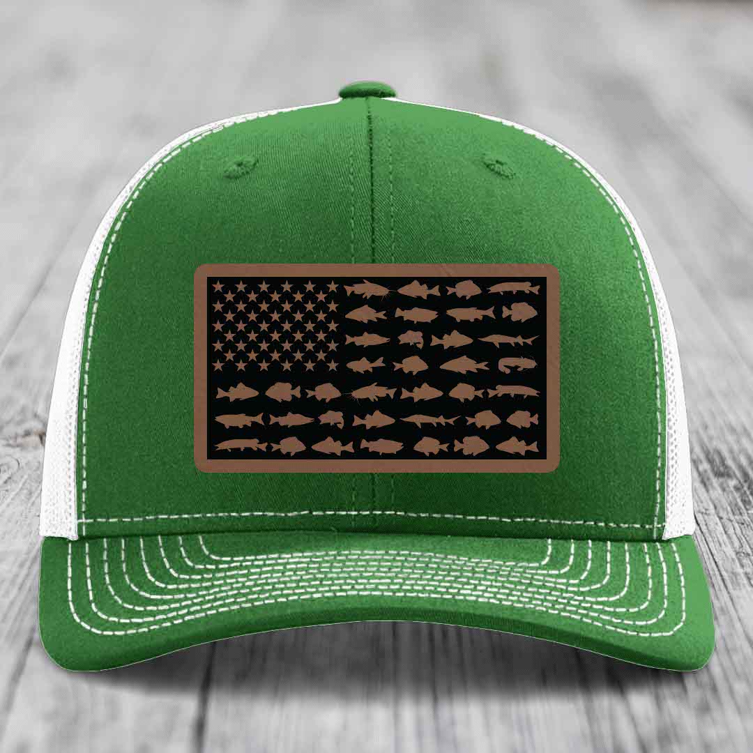 American Flag Freshwater Fish - Leather Patch Hat - Dark Brown to Black Patch - Richardson 112 Snapback Trucker Hat