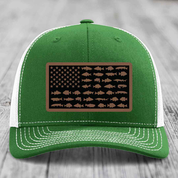 American Flag Freshwater Fish - Leather Patch Hat - Dark Brown to Black Patch - Richardson 112 Snapback Trucker Hat