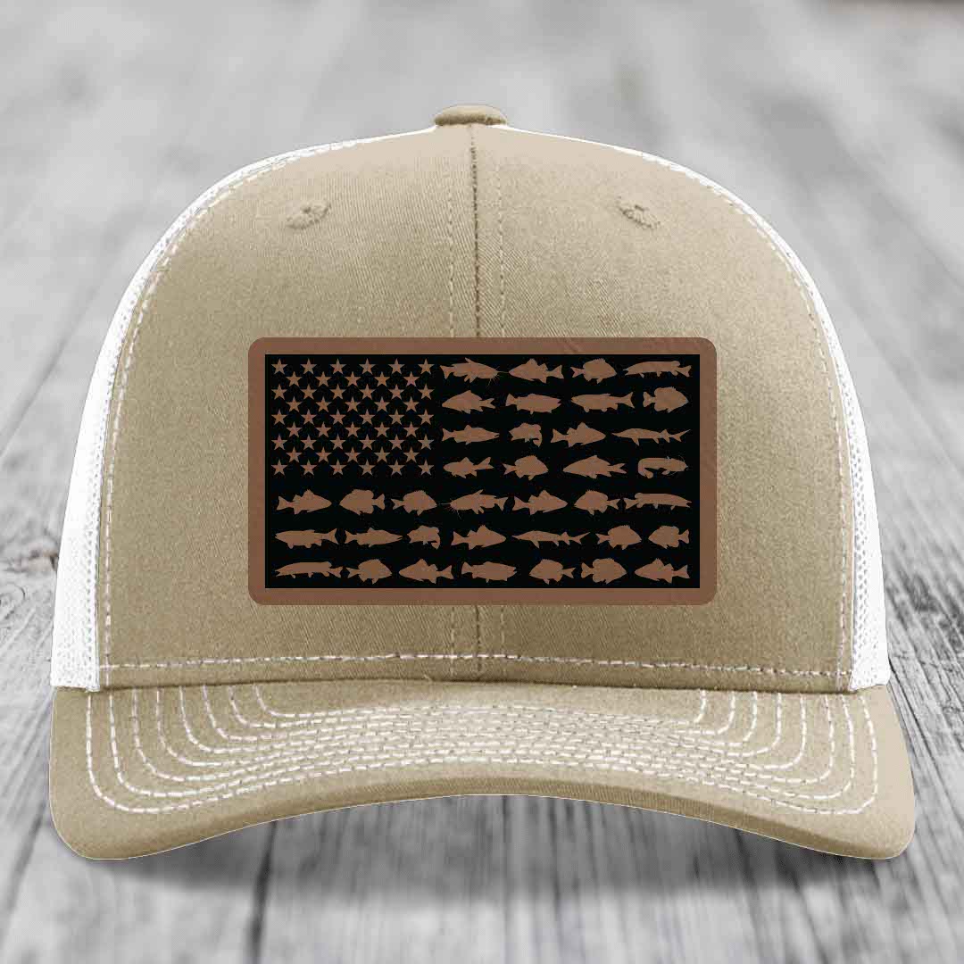 American Flag Freshwater Fish - Leather Patch Hat - Dark Brown to Black Patch - Richardson 112 Snapback Trucker Hat