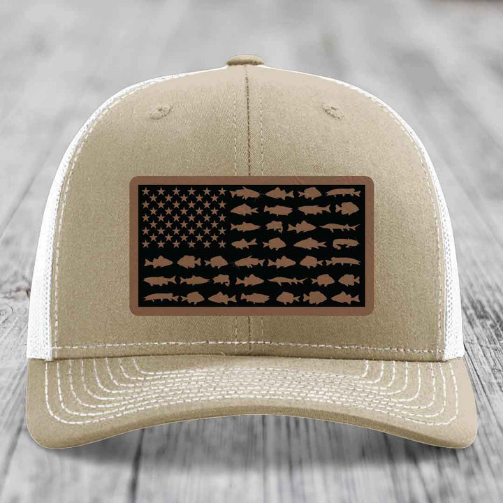 American Flag Freshwater Fish - Leather Patch Hat - Dark Brown to Black Patch - Richardson 112 Snapback Trucker Hat