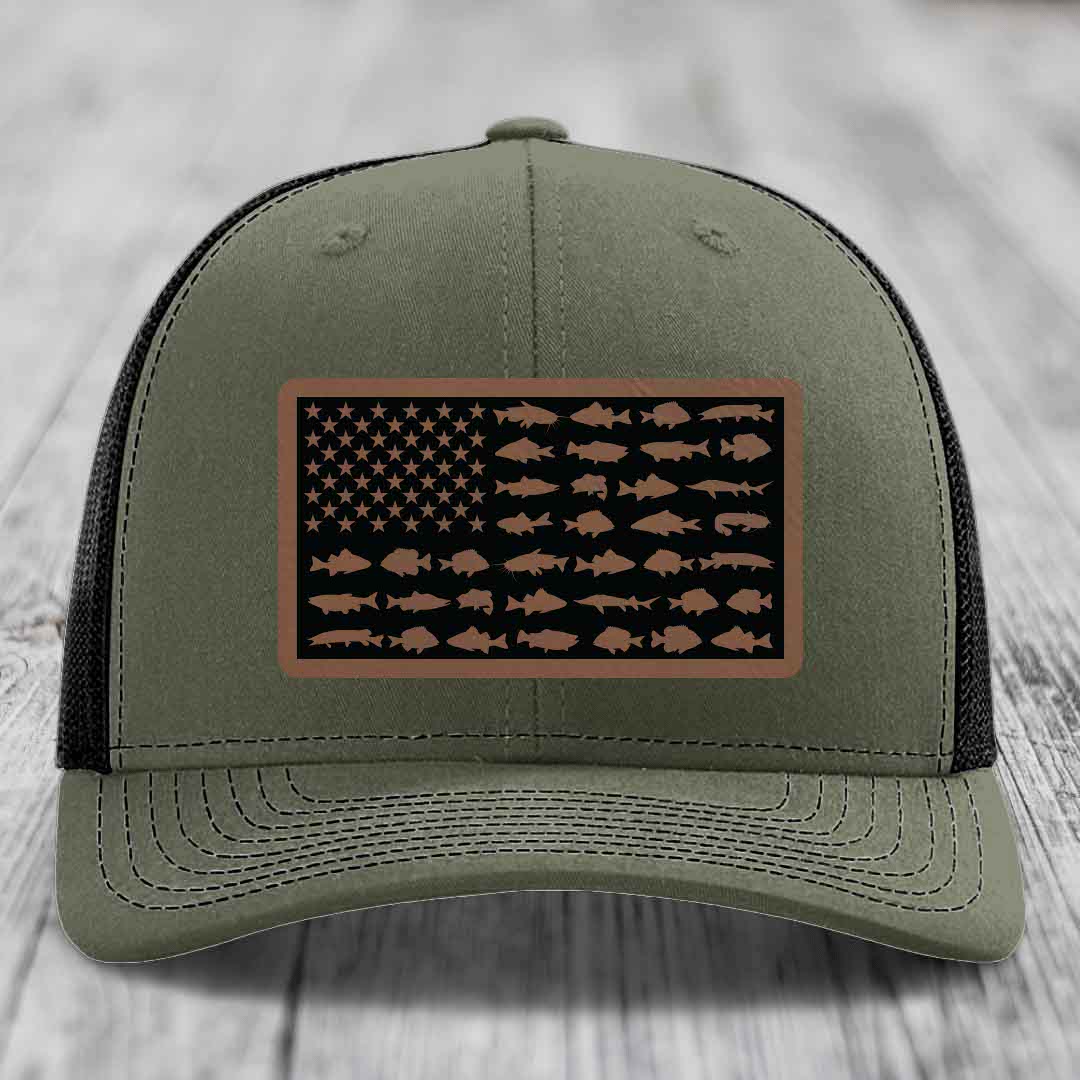 American Flag Freshwater Fish - Leather Patch Hat - Dark Brown to Black Patch - Richardson 112 Snapback Trucker Hat