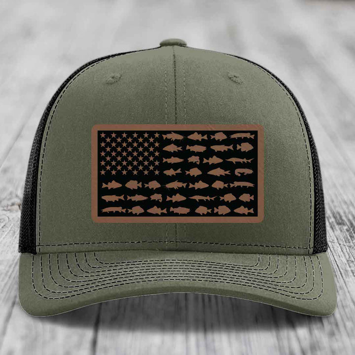 American Flag Freshwater Fish - Leather Patch Hat - Dark Brown to Black Patch - Richardson 112 Snapback Trucker Hat