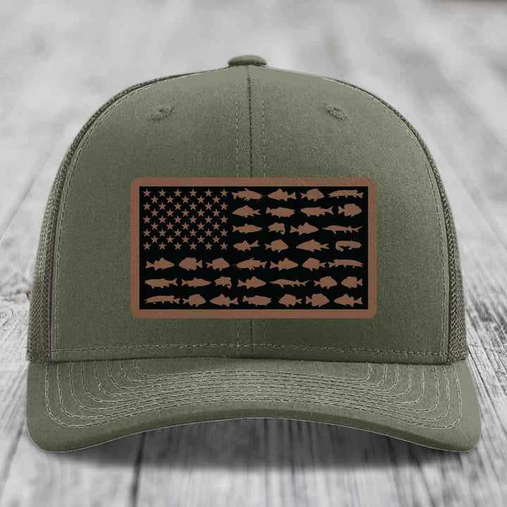American Flag Freshwater Fish - Leather Patch Hat - Dark Brown to Black Patch - Richardson 112 Snapback Trucker Hat