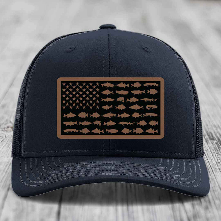 American Flag Freshwater Fish - Leather Patch Hat - Dark Brown to Black Patch - Richardson 112 Snapback Trucker Hat