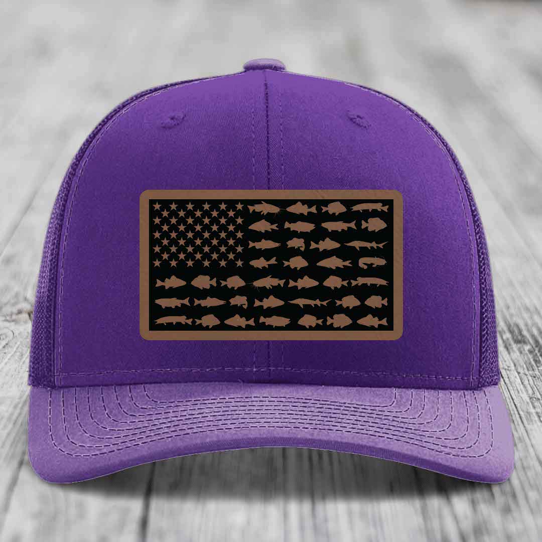 American Flag Freshwater Fish - Leather Patch Hat - Dark Brown to Black Patch - Richardson 112 Snapback Trucker Hat