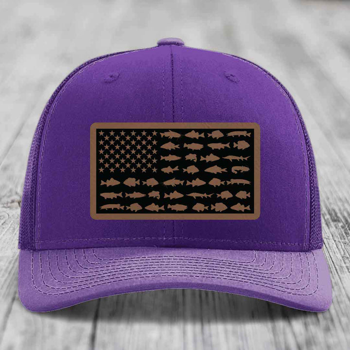 American Flag Freshwater Fish - Leather Patch Hat - Dark Brown to Black Patch - Richardson 112 Snapback Trucker Hat