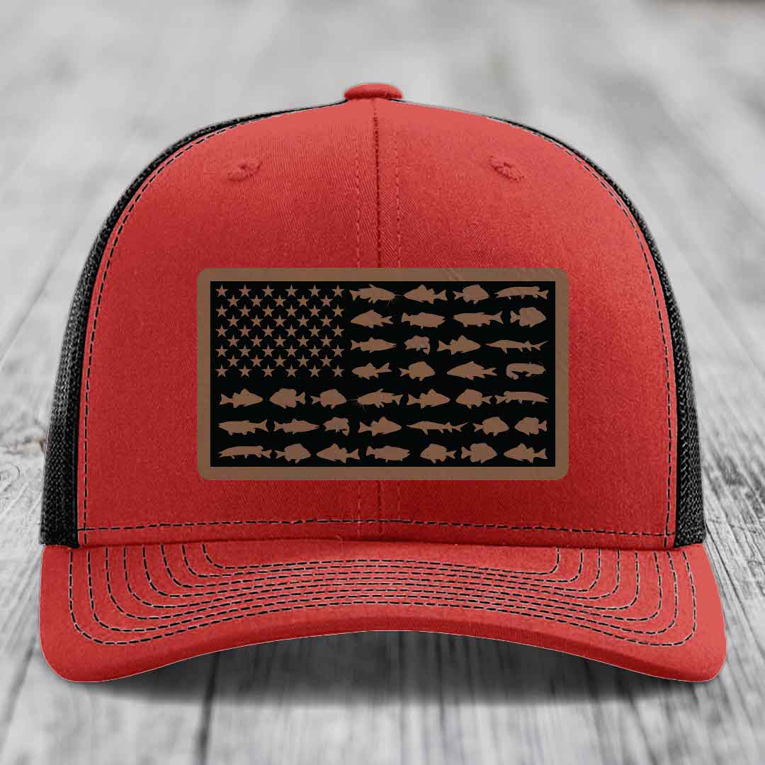 American Flag Freshwater Fish - Leather Patch Hat - Dark Brown to Black Patch - Richardson 112 Snapback Trucker Hat