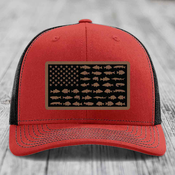 American Flag Freshwater Fish - Leather Patch Hat - Dark Brown to Black Patch - Richardson 112 Snapback Trucker Hat
