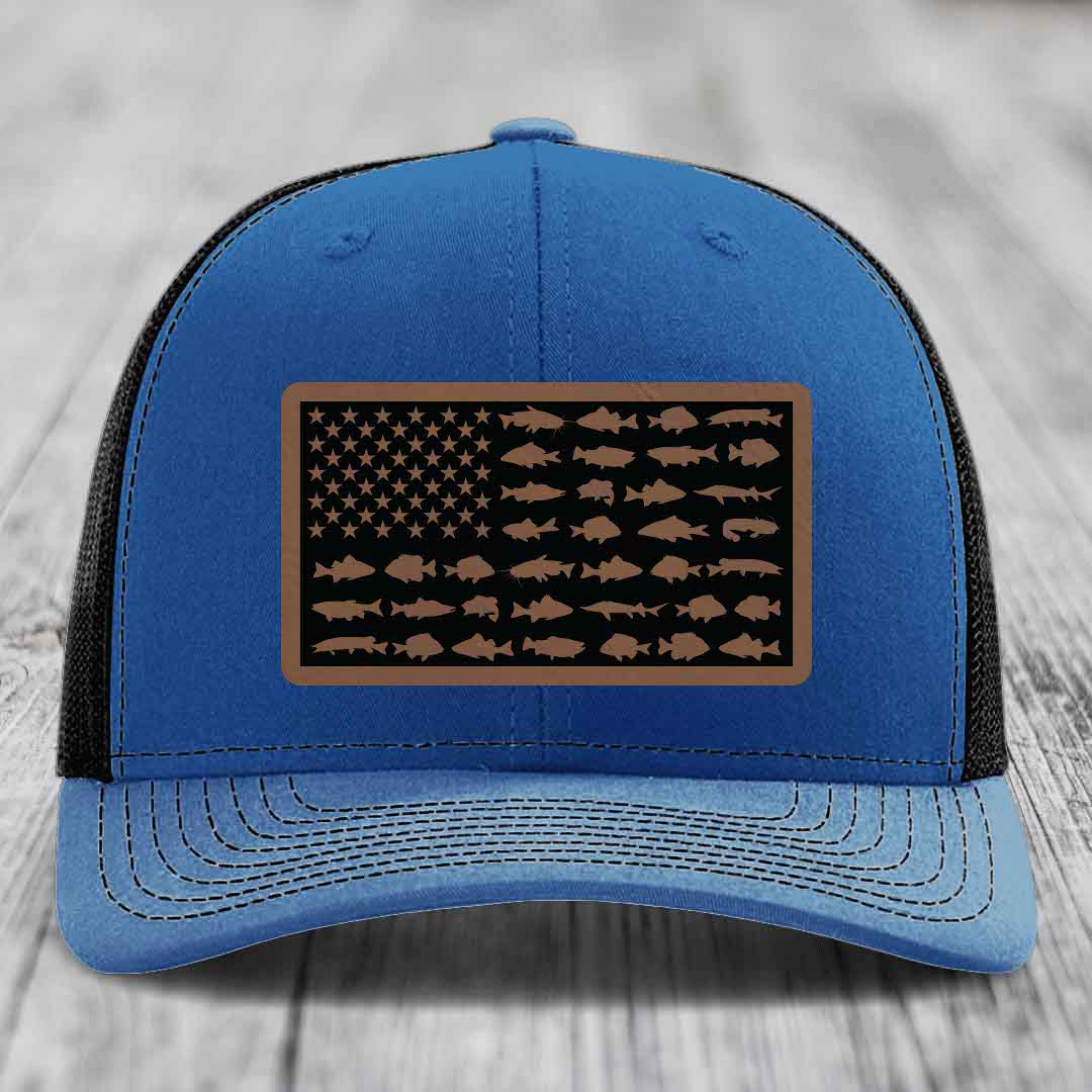 American Flag Freshwater Fish - Leather Patch Hat - Dark Brown to Black Patch - Richardson 112 Snapback Trucker Hat